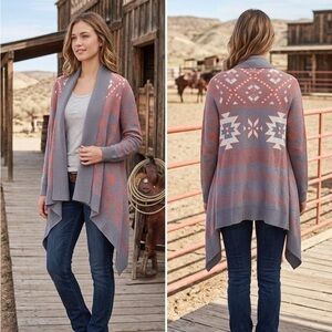 Pink Republic Aztec Open-Front Cardigan Sweater - Gray & Dusty Rose